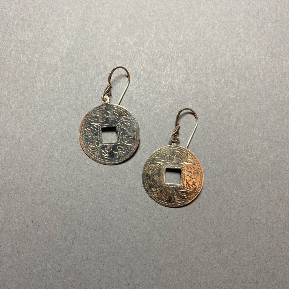 Vintage lucky coin etched sterling silver Dangle Earrings
